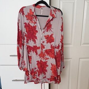 Free People Gray Tunic with Bold Red Floral Print